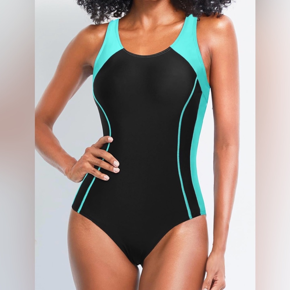 NWT Tempt Me Black/Teal Athletic Racerback Training 1pc Swimsuit Women’s L